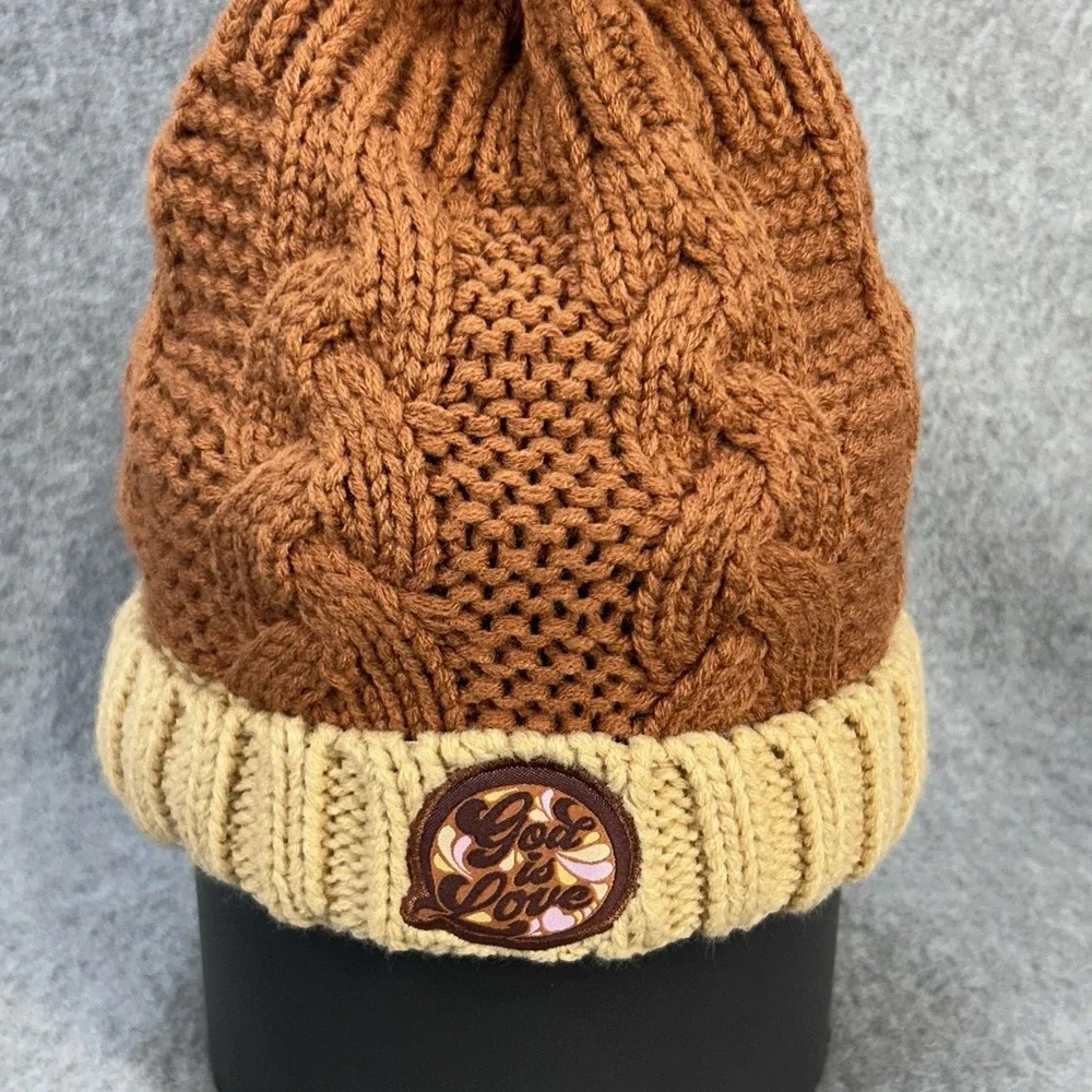 Blessed Girl God Is Love Pom Beanie Brown Cream Cable Knit Winter Hat OSFA
